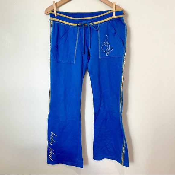 Baby Phat Pants - Y2K Vintage Baby Phat Flare Leg Low Rise Sweatpants Blue and Gold Size Small